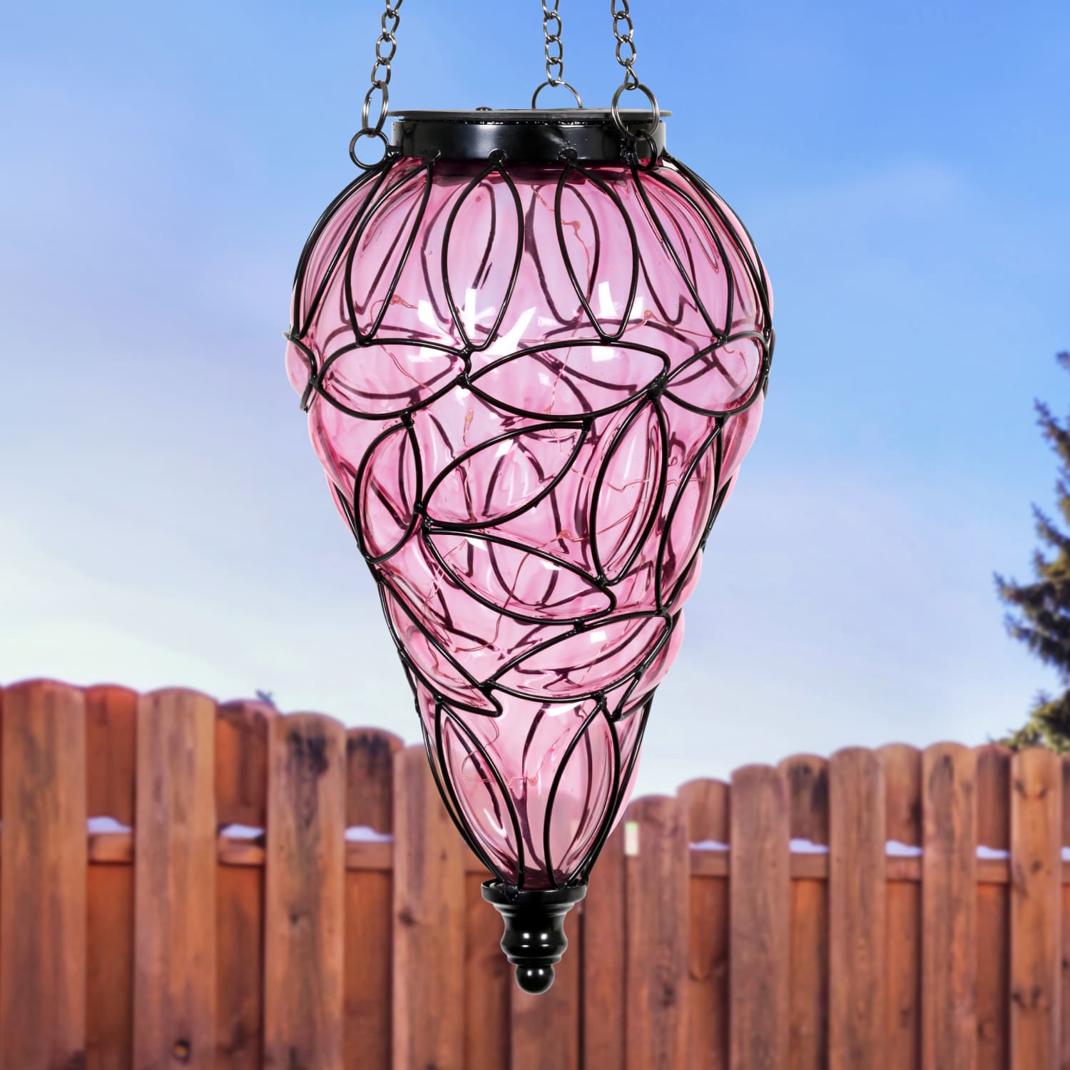Solar Tear Shaped Lavender Hand Blown Glass Hanging Lantern - Thumbnail 4