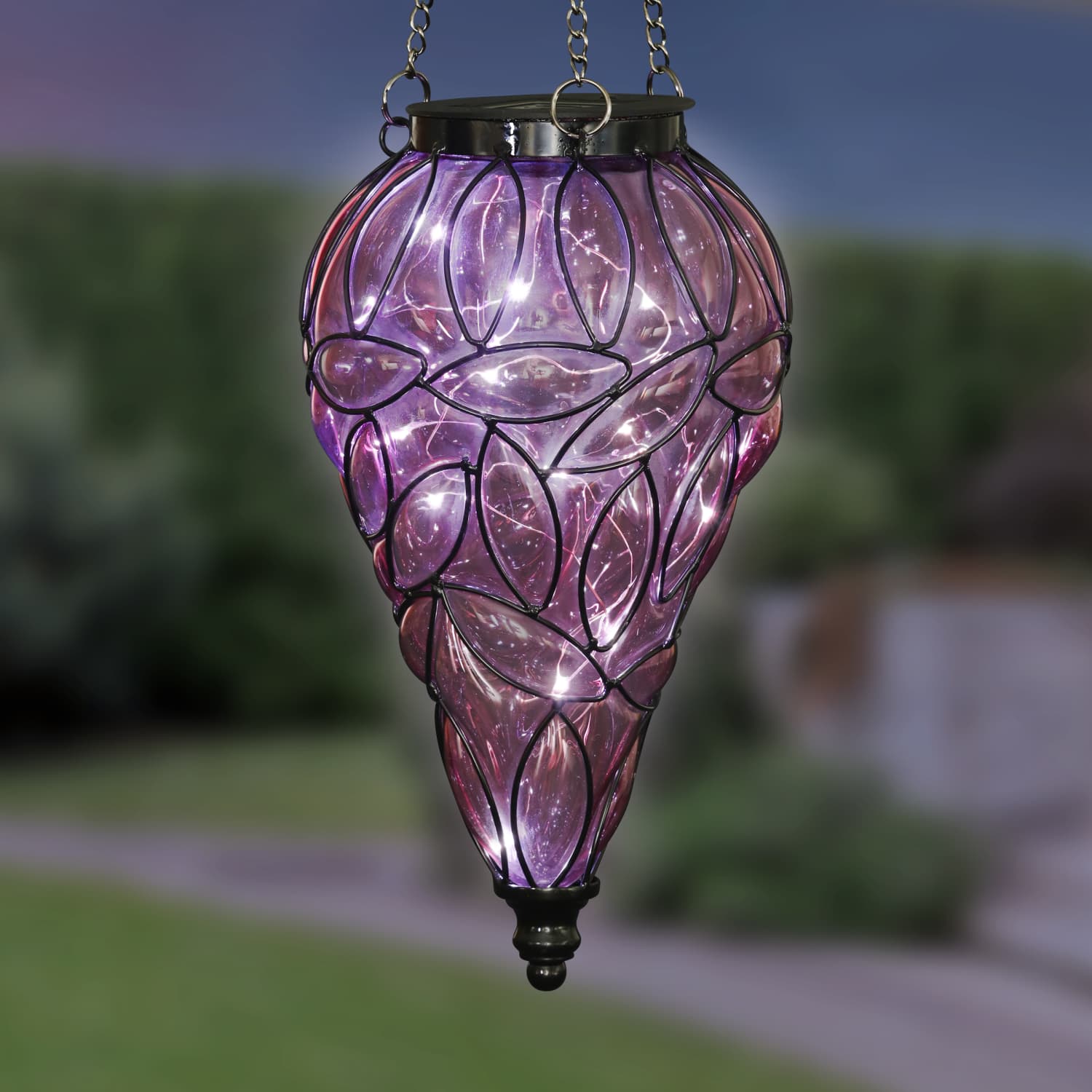 Solar Tear Shaped Lavender Hand Blown Glass Hanging Lantern - Thumbnail 3