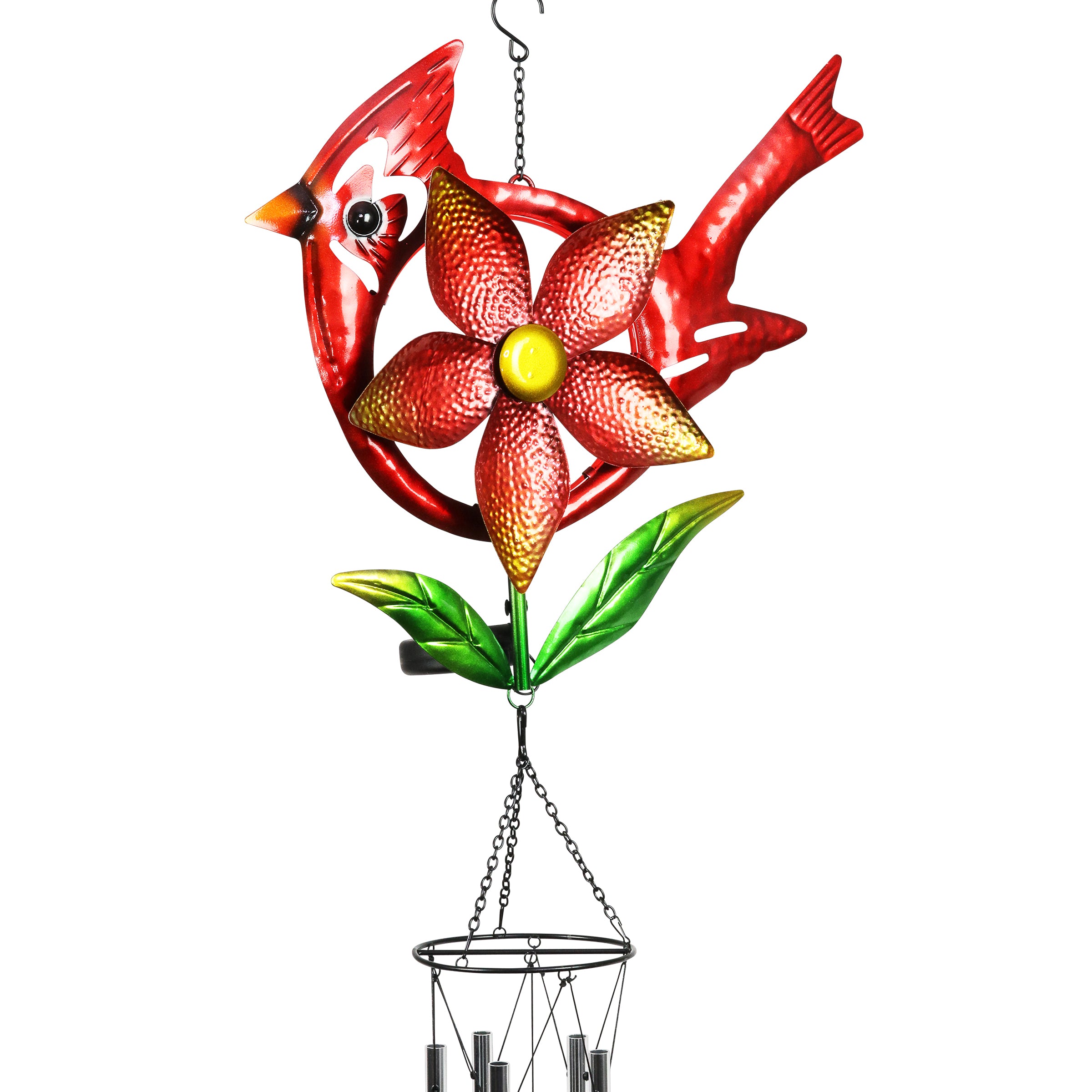 Solar Metal Cardinal Pinwheel Wind Chime - Thumbnail 4