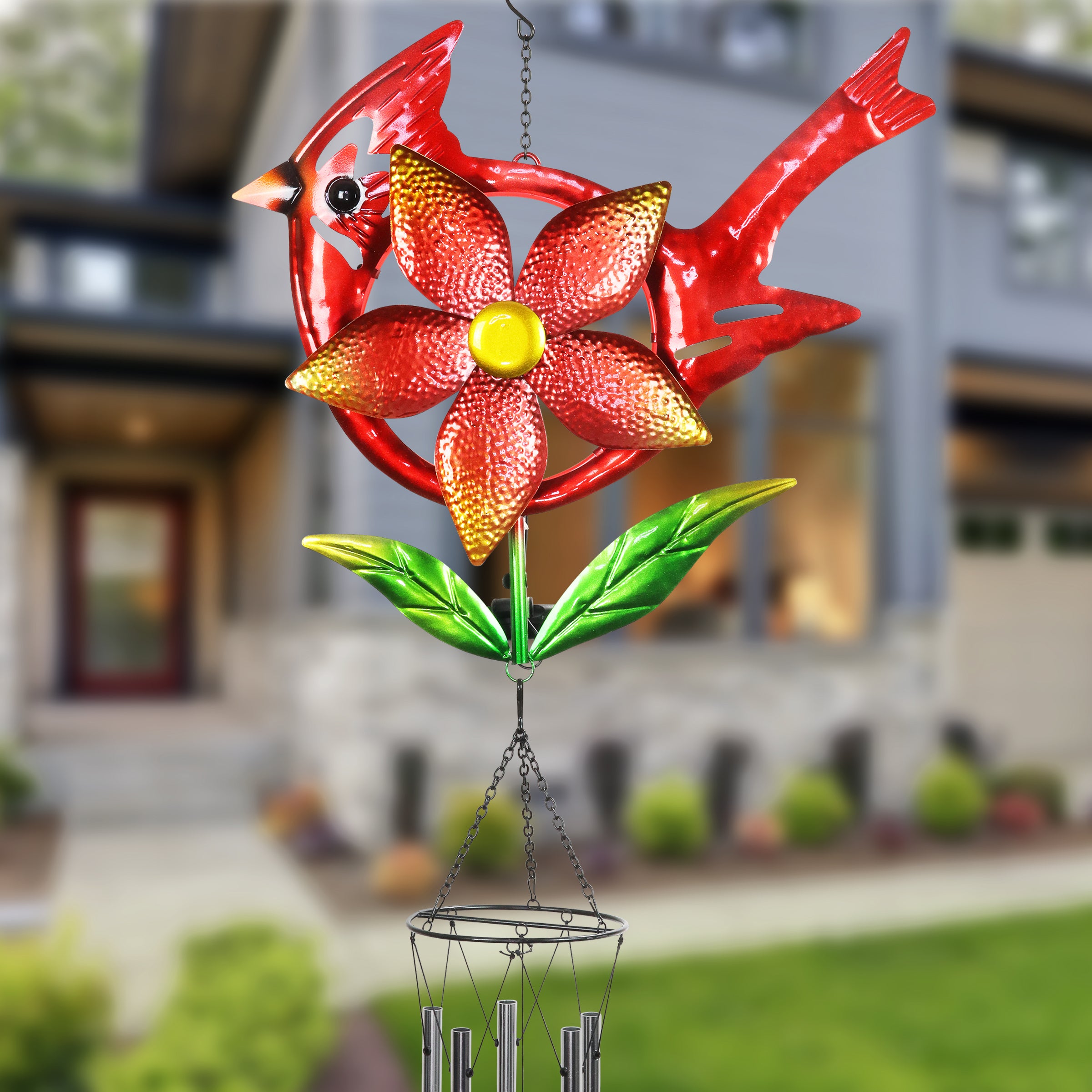 Solar Metal Cardinal Pinwheel Wind Chime - Thumbnail 3