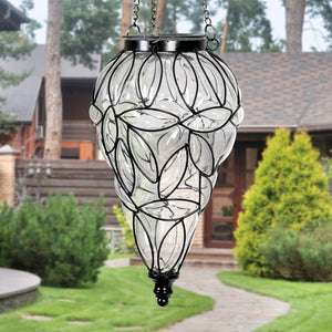 Solar Tear Shaped Clear Glass and Metal Hanging Lantern with 15 Warm White LED Fairy Firefly String Lights, 7 by 24 Inches | Exhart
