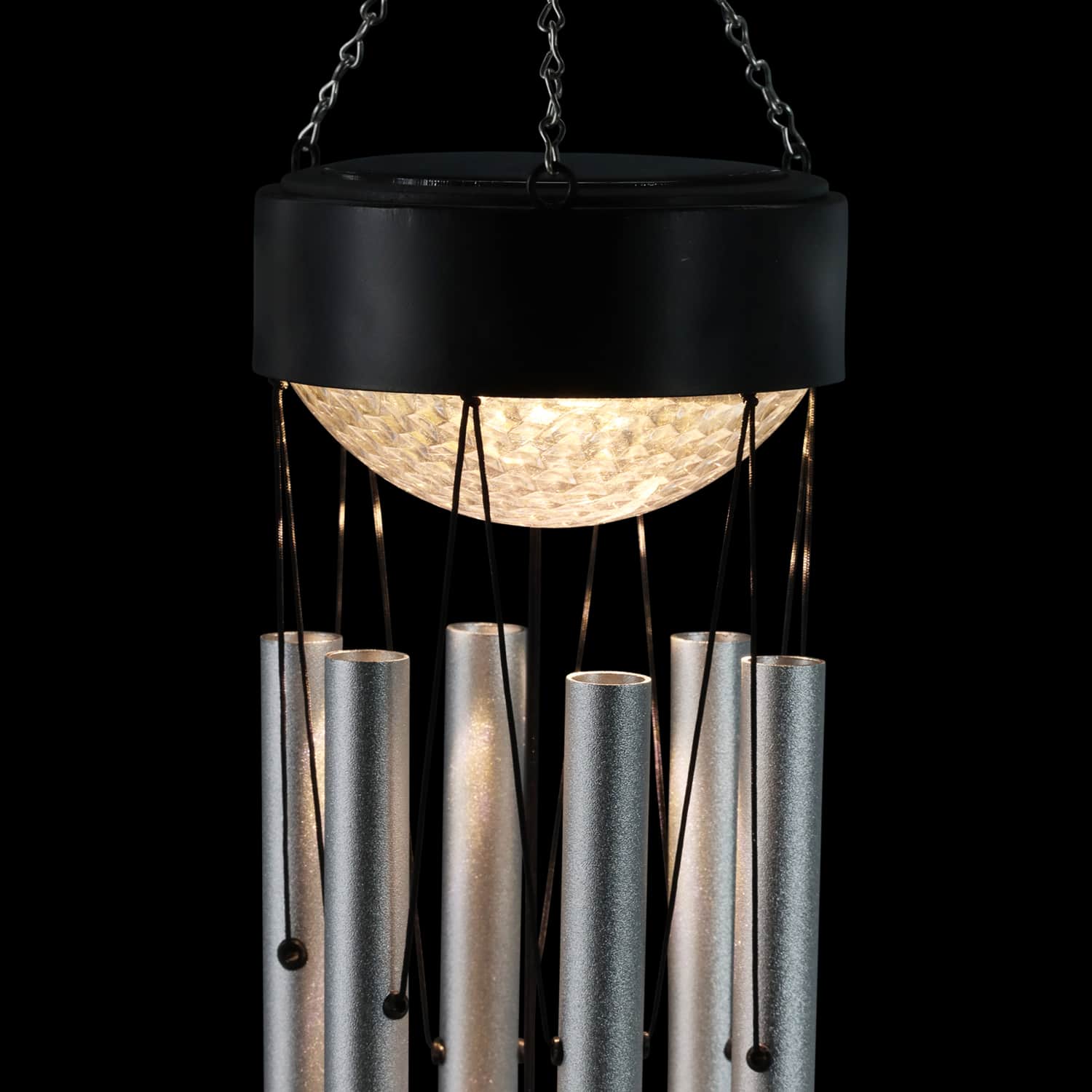 Solar Silver Wind Chime with Black Detailed Top and Round Dangling Charm - Thumbnail 2