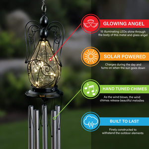 Solar Angel Glass and Metal Wind Chime with Fifteen LED Lights, 5 by 48 Inches | Shop Garden Decor by Exhart