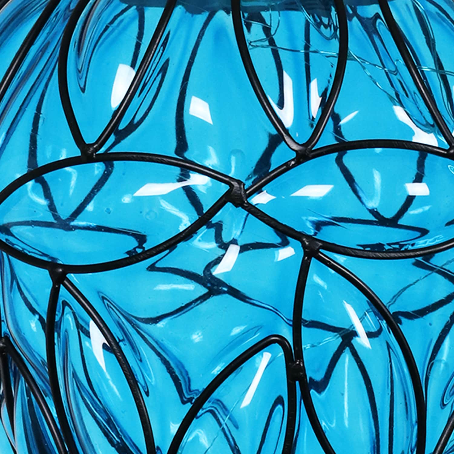Solar Tear Shaped Glass and Metal Hanging Lantern in Blue with 15 Cool White LED Firefly String Lights, 7 by 24 Inches | Exhart