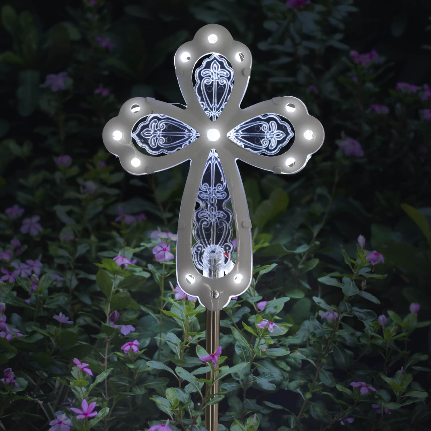 Solar Acrylic and Metal White Cross Garden Stake with Thirteen LED Lights, 4 by 34 Inches | Shop Garden Decor by Exhart