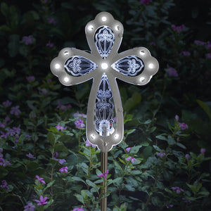 Solar Acrylic and Metal White Cross Garden Stake with Thirteen LED Lights, 4 by 34 Inches | Shop Garden Decor by Exhart