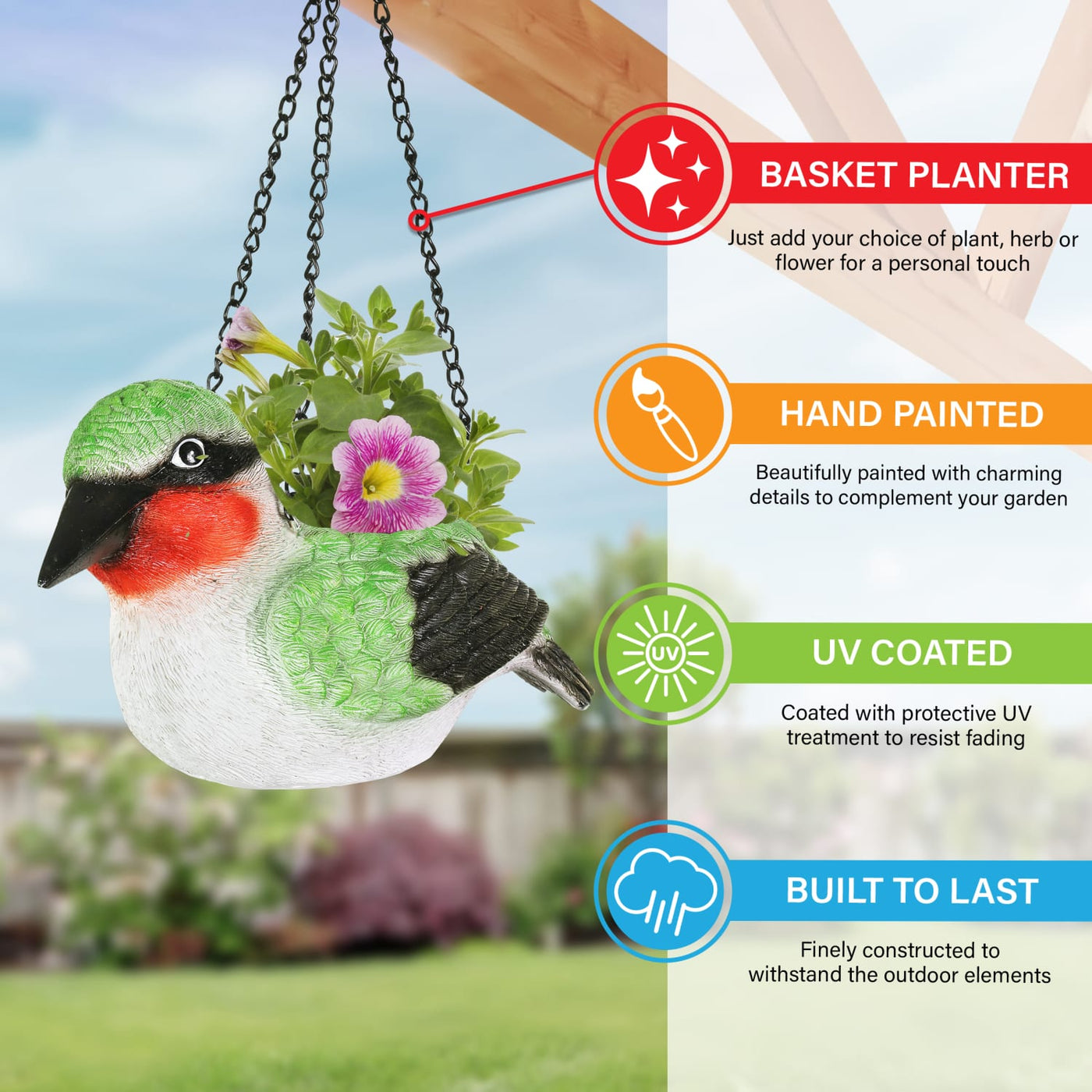 colorful bird hanging planter Hand Painted Ruby Red Throat Resin Hummingbird Hanging Basket Planter, 6.5 Inches