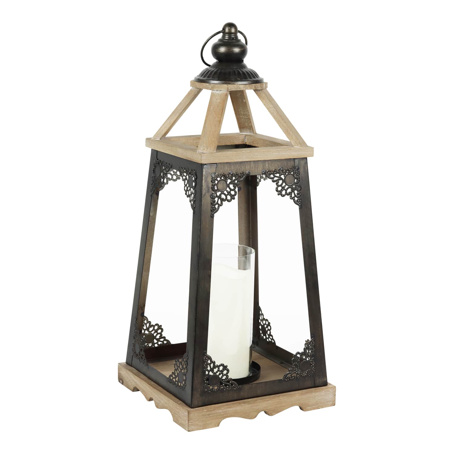 Antiqued Wood and Metal Candle Lantern with LED Candle - Thumbnail 2