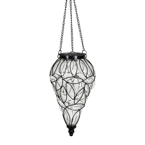 Solar Tear Shaped Clear Glass and Metal Hanging Lantern with 15 Warm White LED Fairy Firefly String Lights, 7 by 24 Inches | Exhart