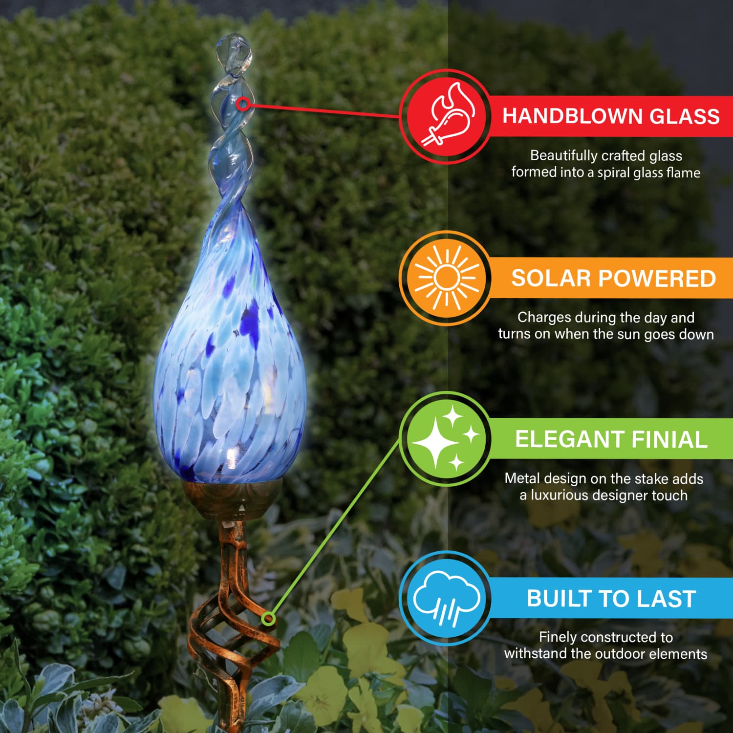 Solar Pearlized Glass Twisted Flame Garden Stake with Metal Finial Detail in Light Blue, 36 Inch | Shop Garden Decor by Exhart
