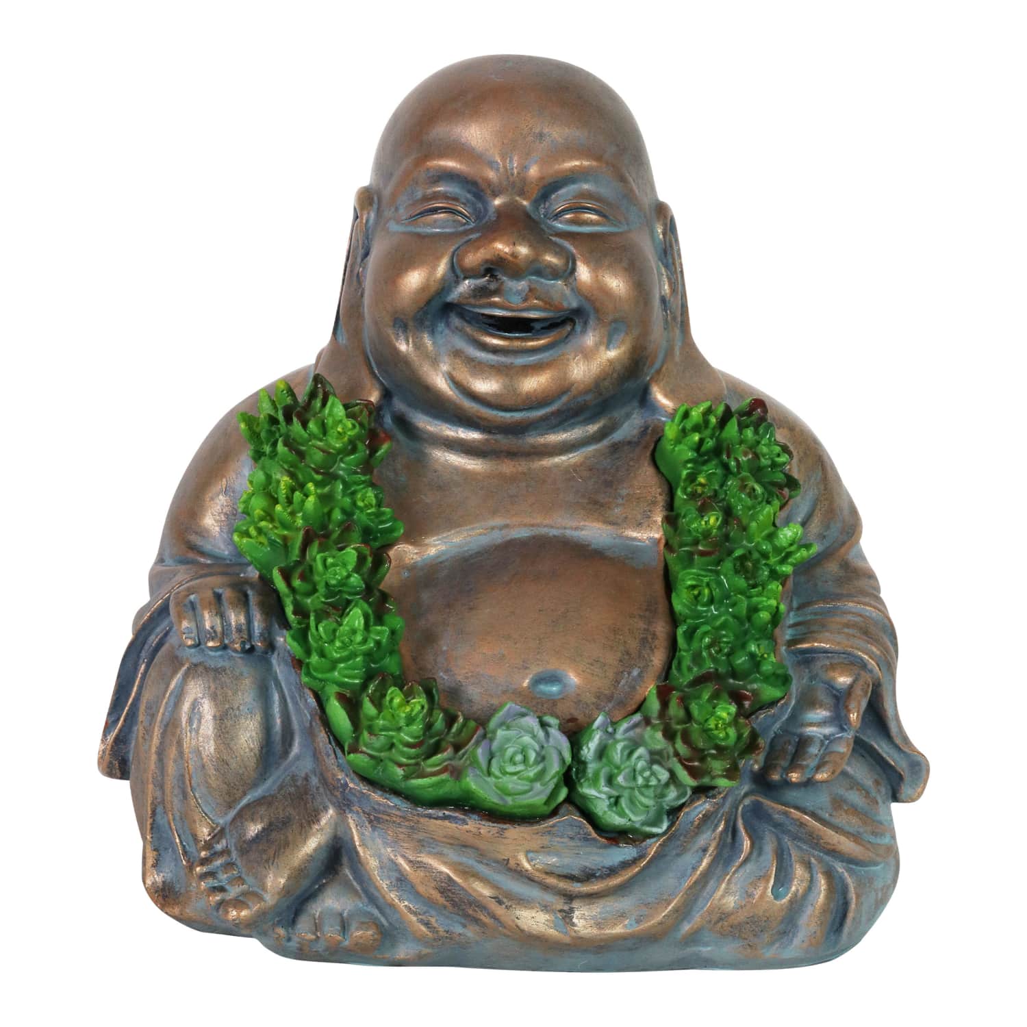 Solar Happy Buddha Garden Statue With Succulents, 10 Inch - Thumbnail 2