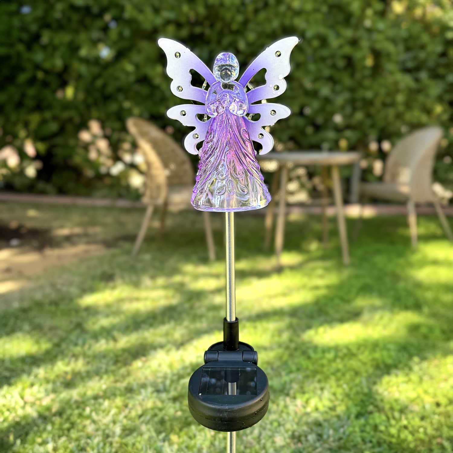 Solar Acrylic Angel with Wings and Twelve LED lights Metal Garden Stake in Purple, 4 by 34 Inches | Exhart