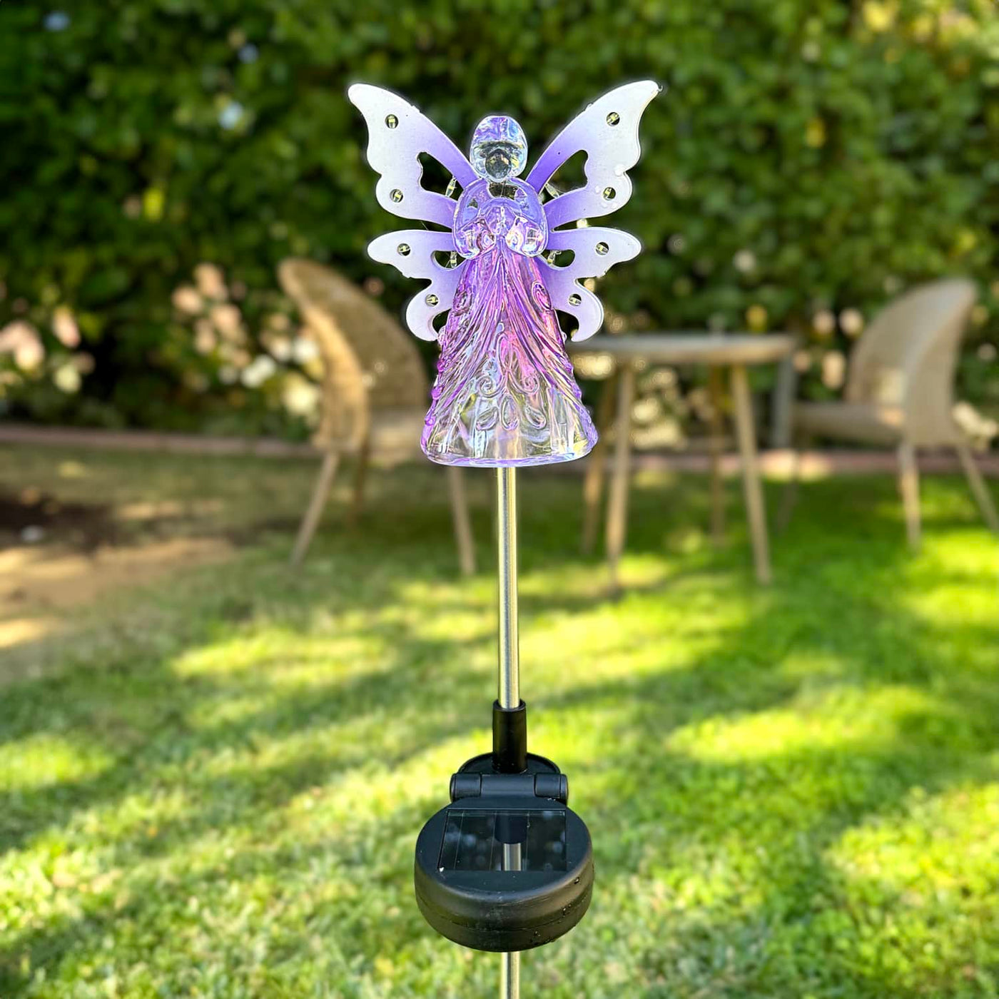 Solar Acrylic Angel with Wings and Twelve LED lights Metal Garden Stake in Purple, 4 by 34 Inches Solar Acrylic Angel with Wings and Twelve LED lights Metal Garden Stake in Purple, 4 by 34 Inches