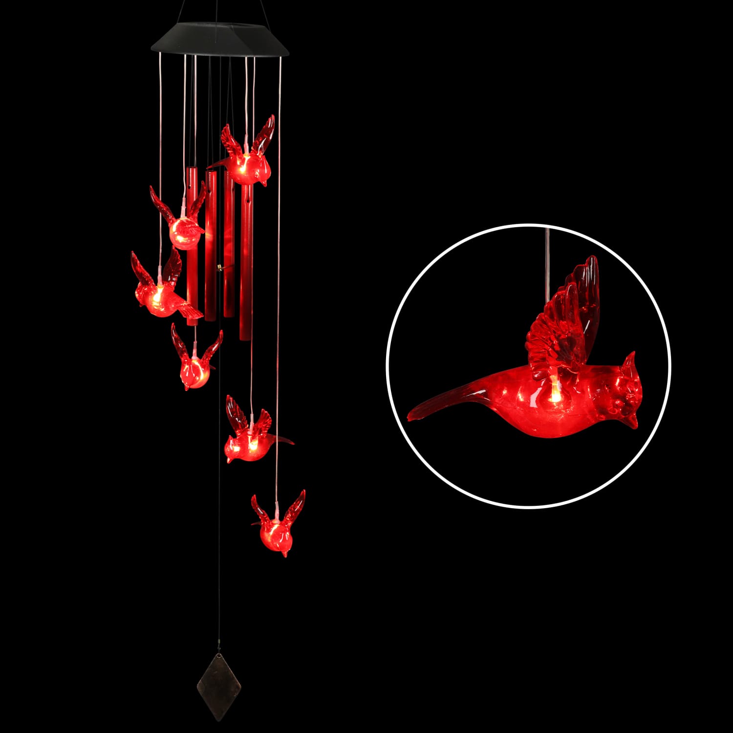 Solar Cascading Red Cardinal Acrylic and Metal Wind Chime with LED lights
