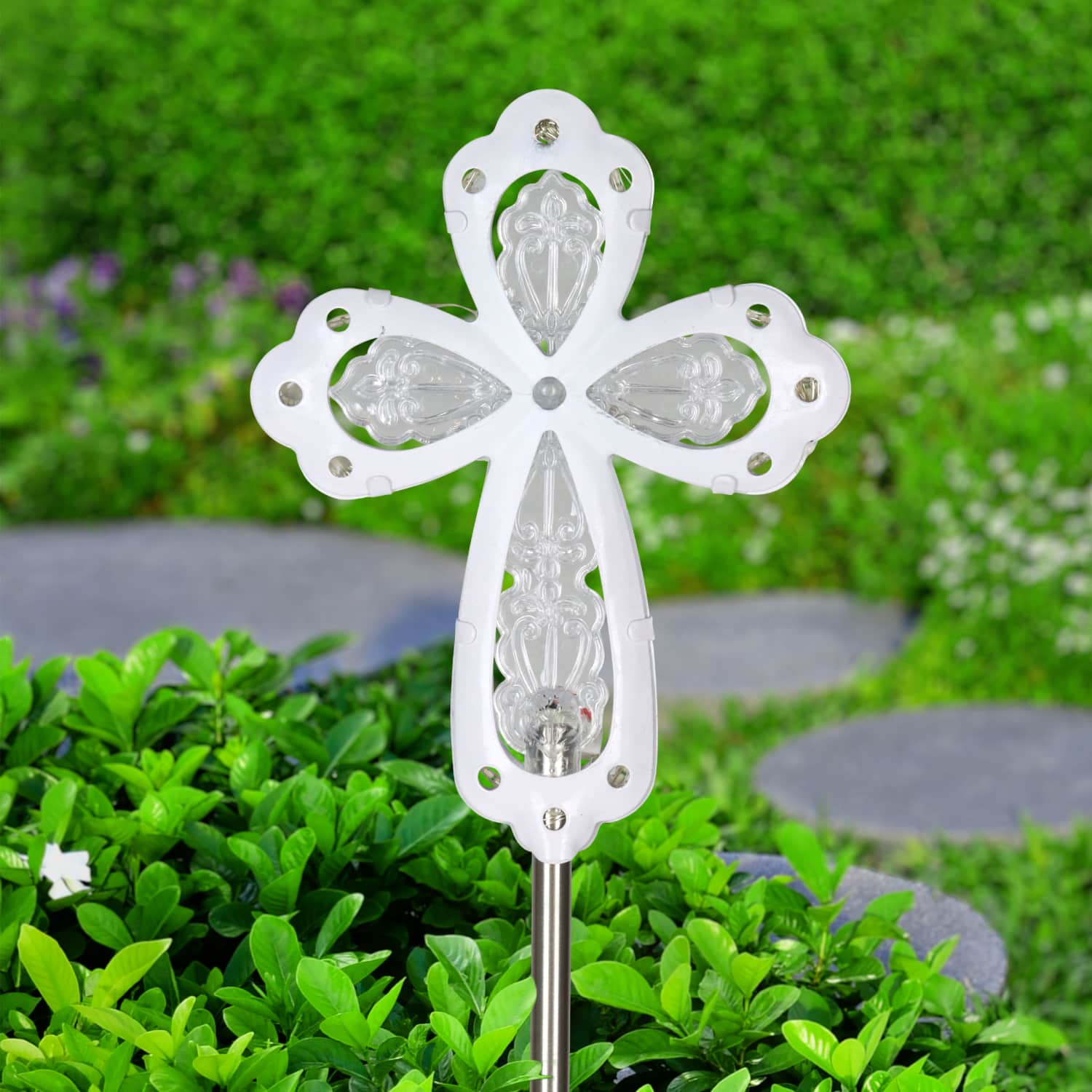 Solar Acrylic and Metal White Cross Garden Stake with Thirteen LED Lights, 4 by 34 Inches | Shop Garden Decor by Exhart