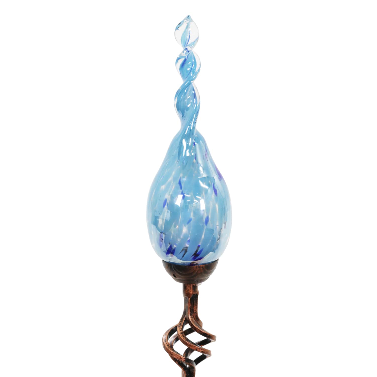 Solar Pearlized Glass Twisted Flame Garden Stake with Metal Finial Detail in Light Blue, 36 Inch | Shop Garden Decor by Exhart
