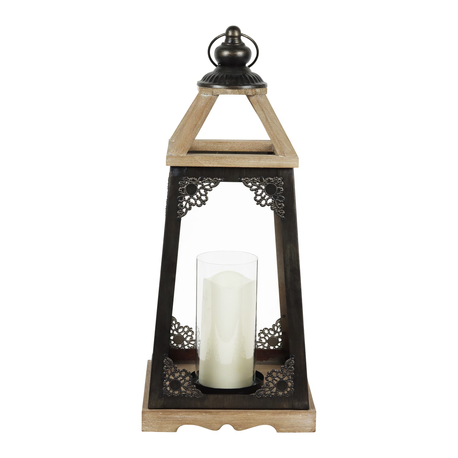 Antiqued Wood and Metal Candle Lantern with LED Candle