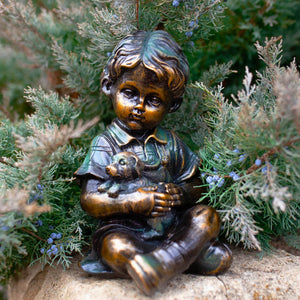 Bronze Look Boy and Puppy Statue, 10.5 Inches | Shop Garden Decor by Exhart