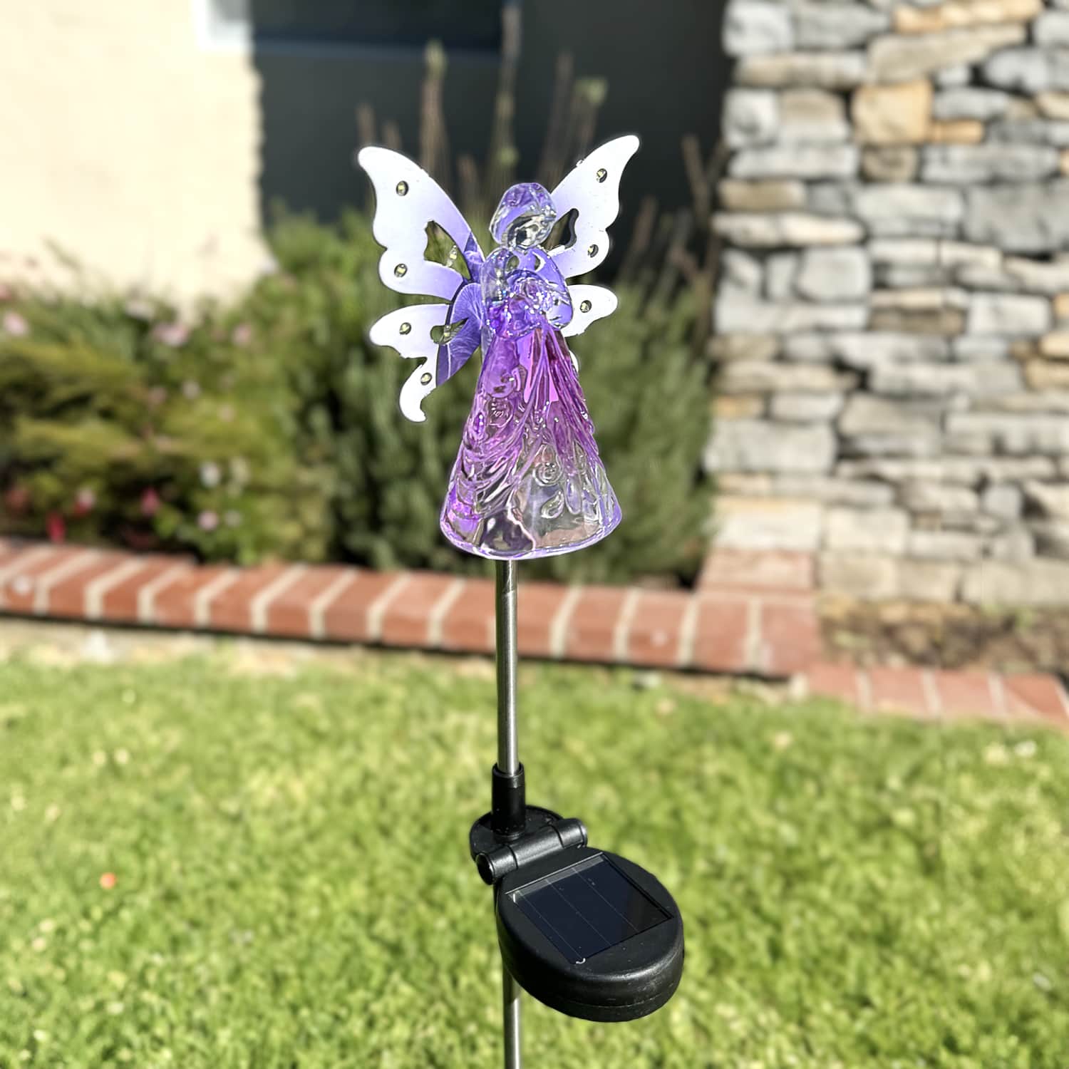 Solar Acrylic Angel with Wings and Twelve LED lights Metal Garden Stake in Purple, 4 by 34 Inches | Exhart