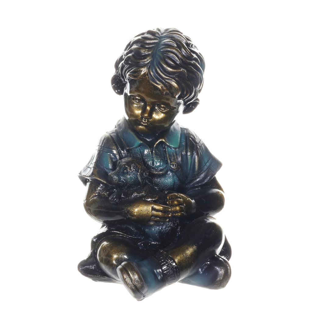 Bronze Look Boy and Puppy Statue, 10.5 Inches