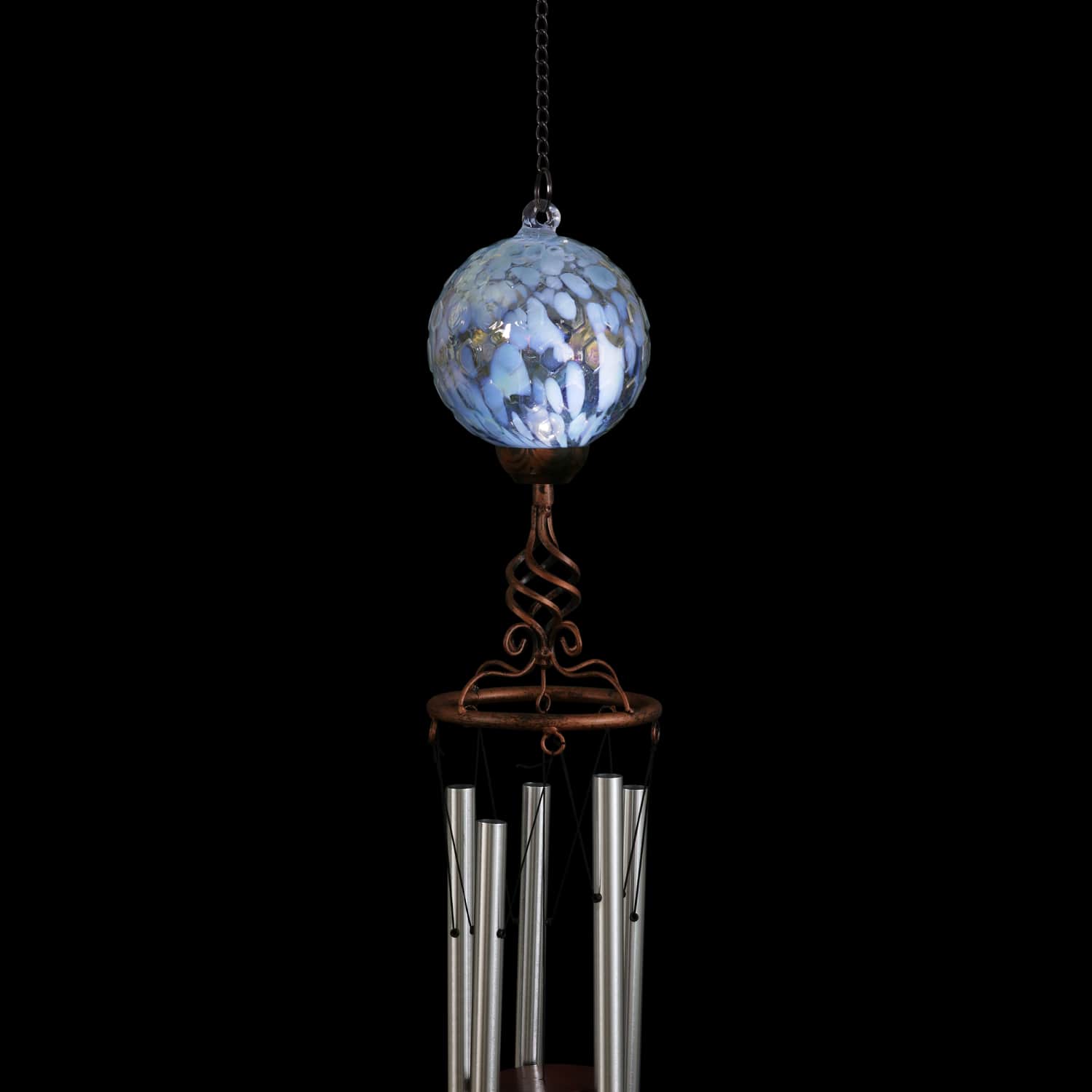Solar Pearlized Blue Honeycomb Glass Ball Wind Chime with Metal Finial Detail - Thumbnail 5