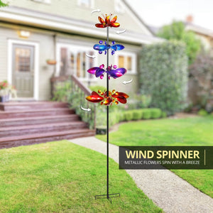 Lotus Flower Wind Spinner Garden Stake with Four Metallic Flowers, 17 by 76 Inches | Shop Garden Decor by Exhart
