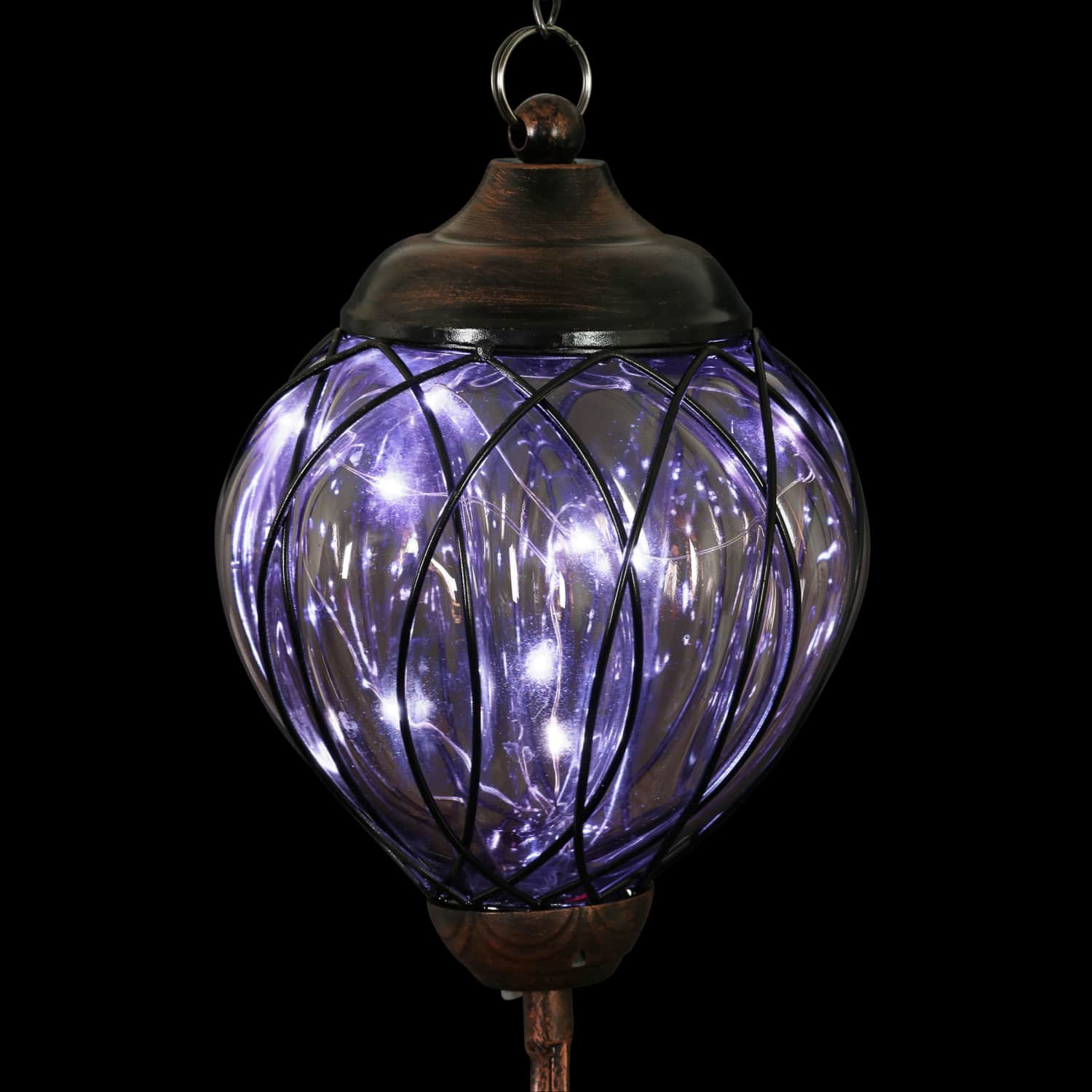 Solar Metal Wire and Glass Wind Chime in Lavender with Linking Oval Pattern and Nine LED Fairy Firefly String Lights - Thumbnail 4