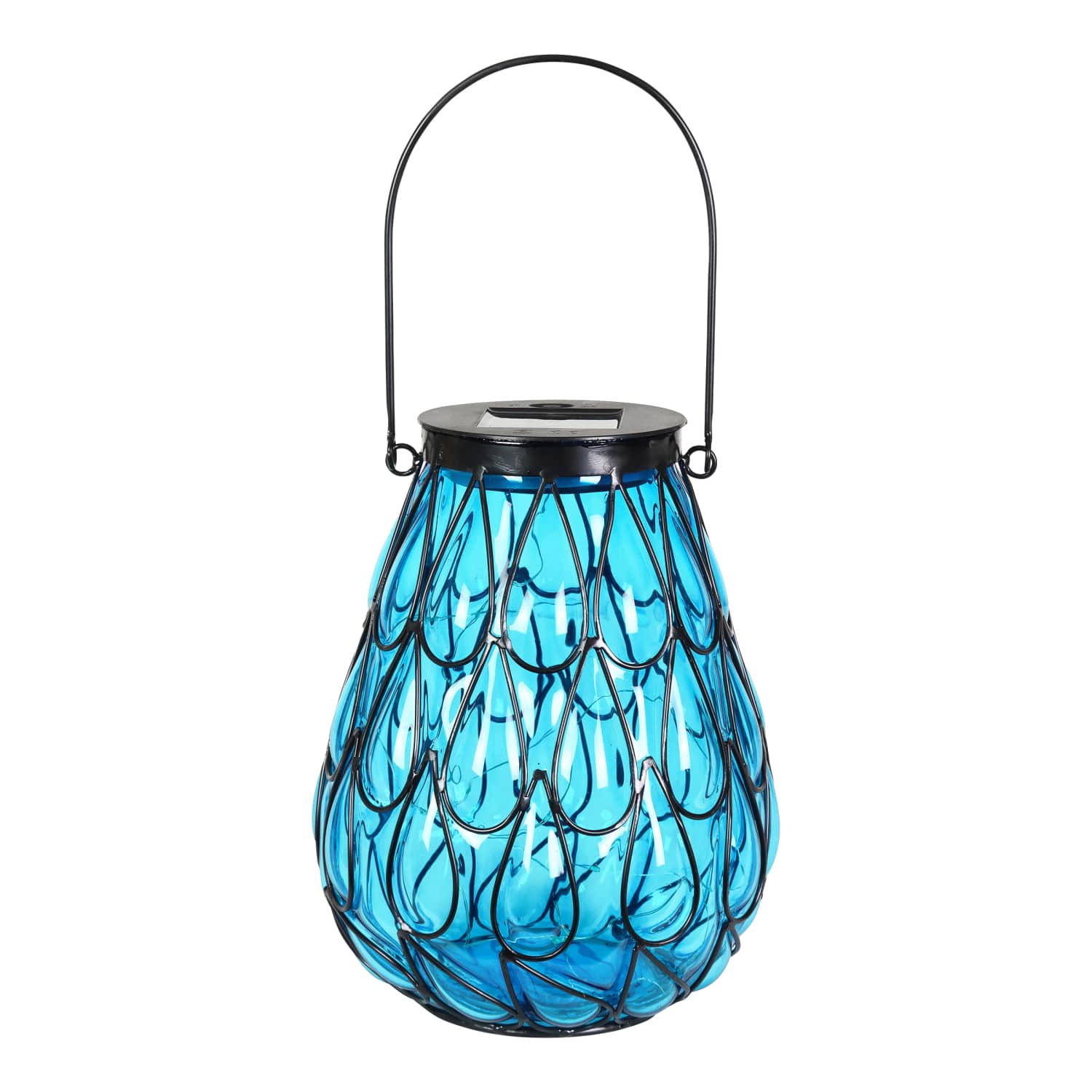 Solar Blue Glass in Caged Metal Tabletop Accent Lantern with 25 Firefly LEDs