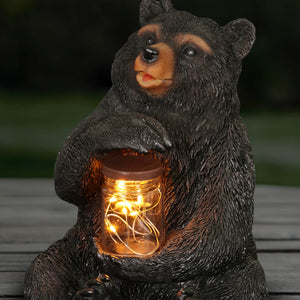 Solar Bear Garden Statue Holding A Glass Jar with Eight LED Firefly String Lights, 8.5 x 10.5 Inch | Exhart