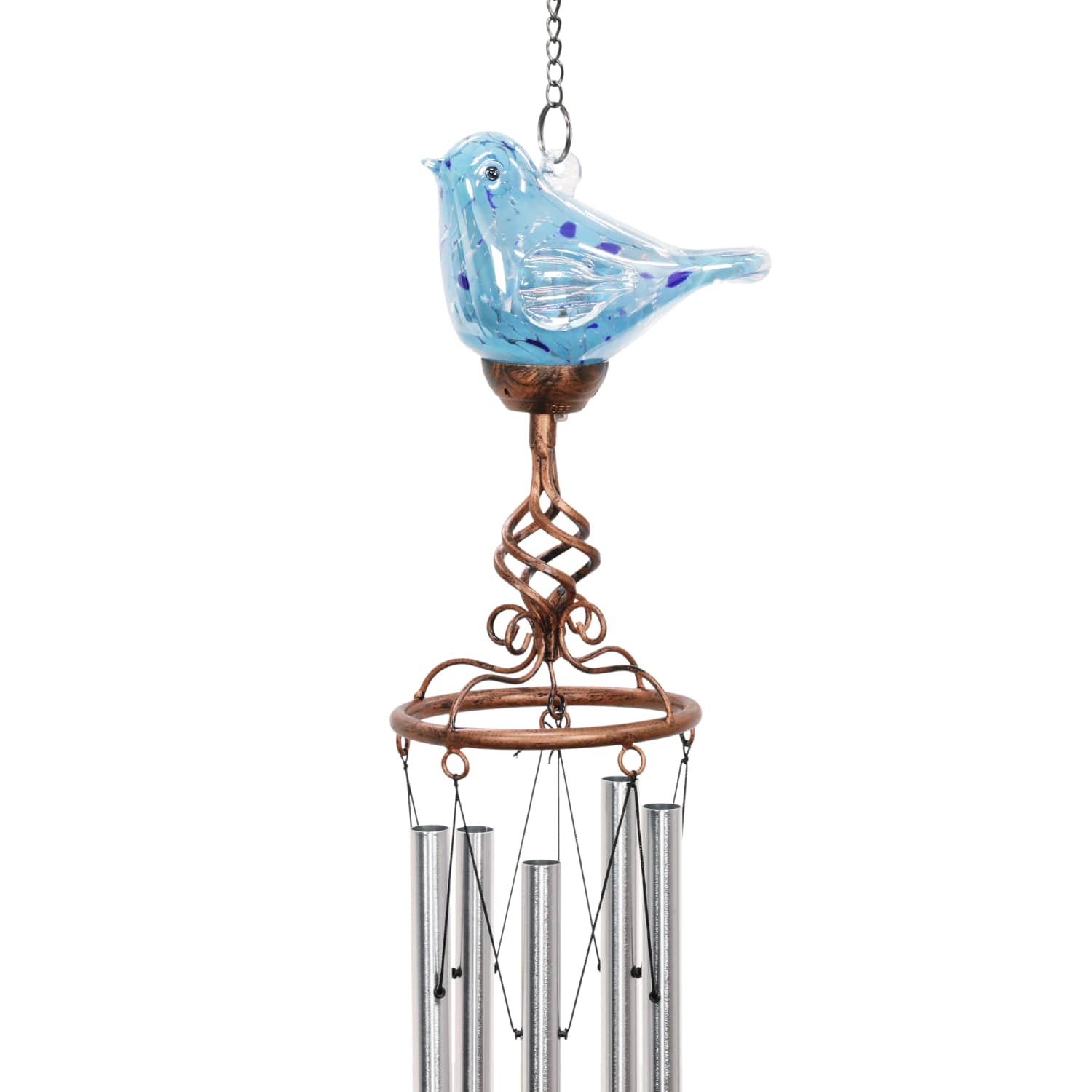 Solar Hand Blown Pearlized Glass Bird Wind Chime in Blue