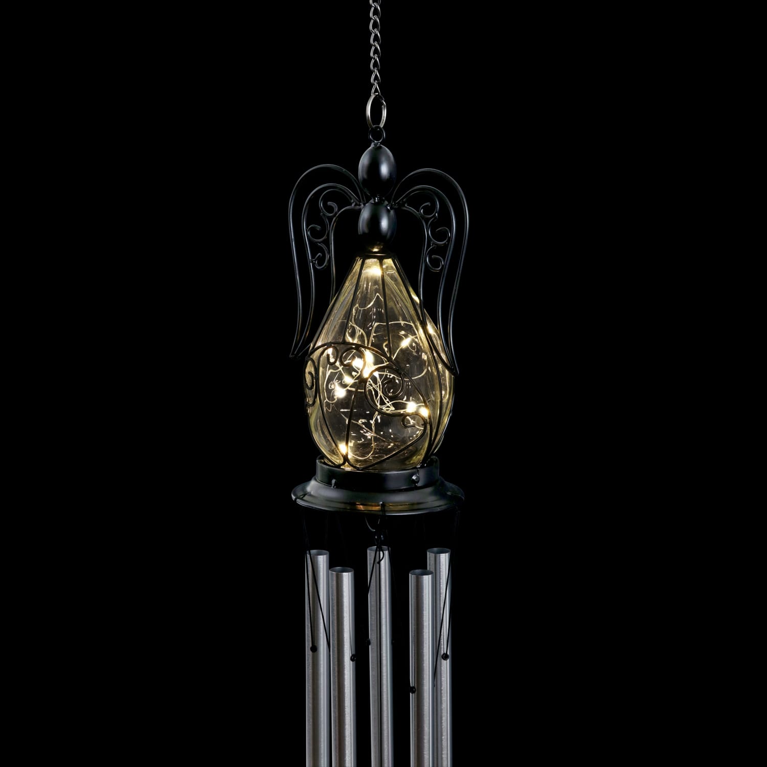 Solar Angel Glass and Metal Wind Chime with Fifteen LED Lights - Thumbnail 5