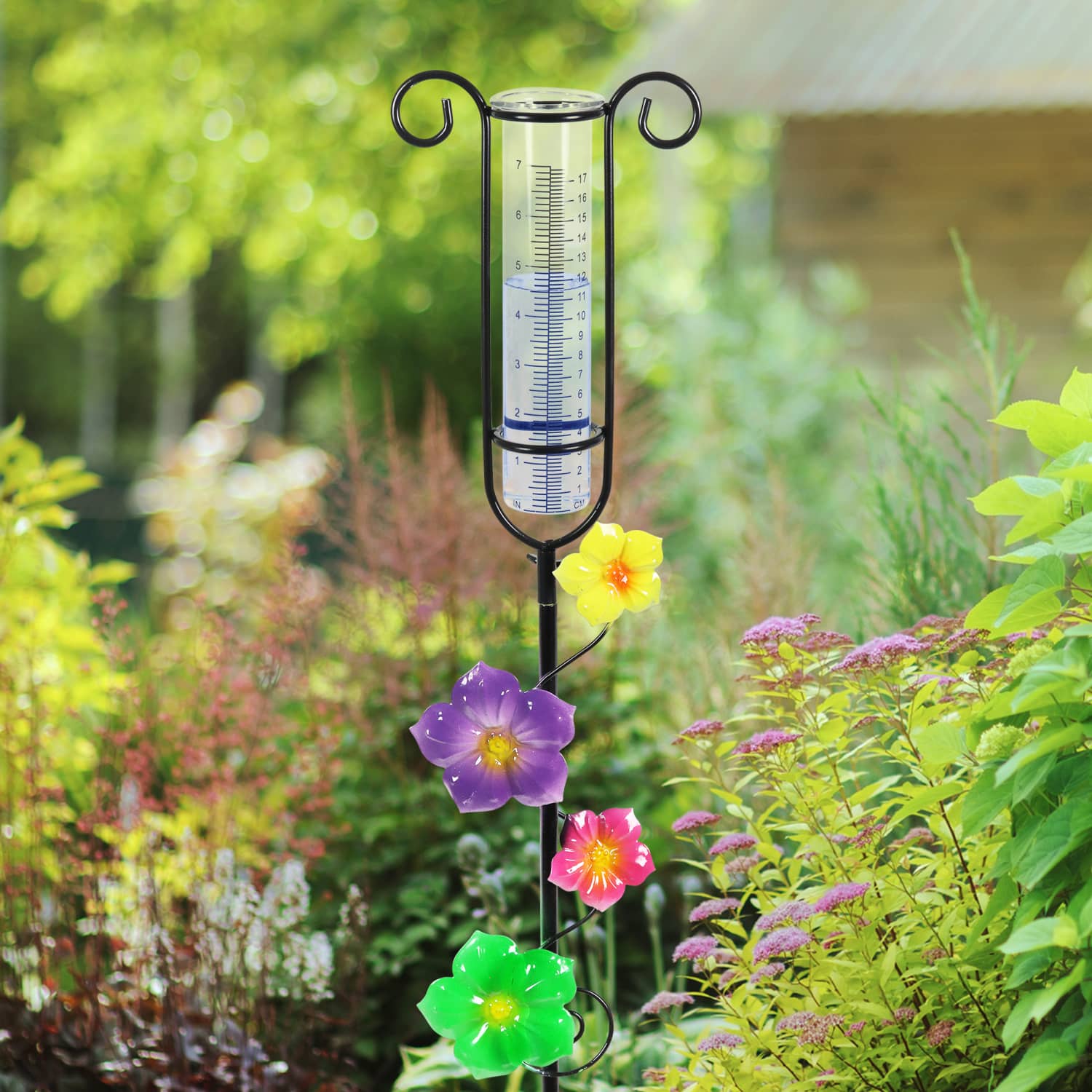 Glass and Metal Rain Gauge Garden Stake with Multicolored Hand Painted Flowers - Thumbnail 3