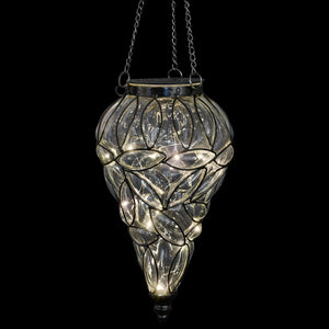 Solar Tear Shaped Clear Glass and Metal Hanging Lantern with 15 Warm White LED Fairy Firefly String Lights, 7 by 24 Inches | Exhart