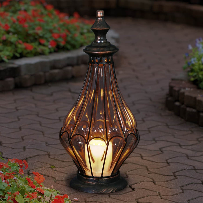 Clear Glass Pear Shape Lantern with LED Candle on a Timer, 14 Inch