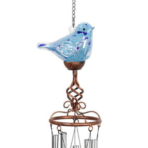 Solar Hand Blown Pearlized Glass Bird Wind Chime in Turquoise, 7 by 44 Inches | Shop Garden Decor by Exhart