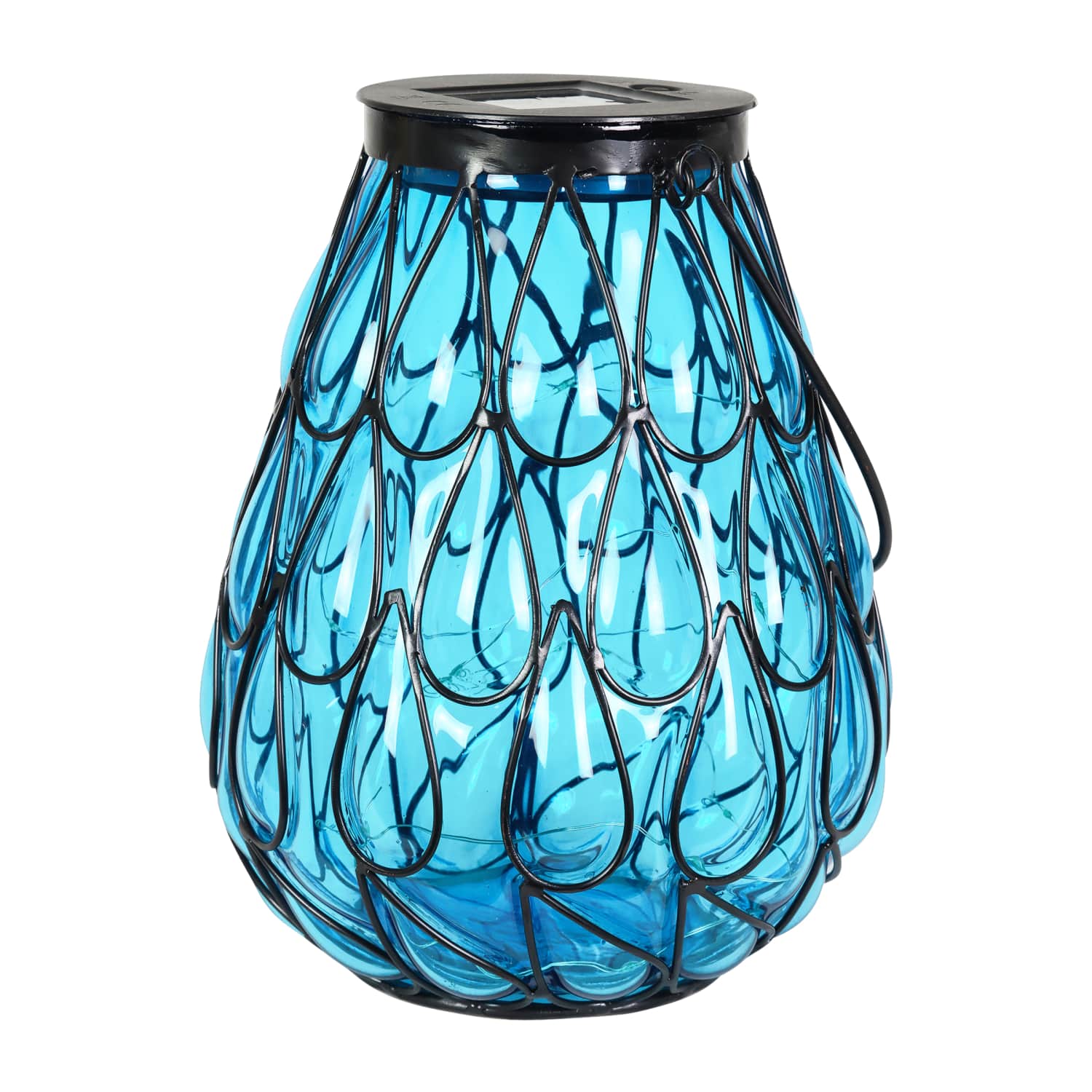 Solar Blue Glass in Caged Metal Tabletop Accent Lantern with 25 Firefly LEDs - Thumbnail 2