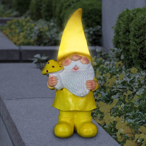 Solar Yellow Yokum Woodland Gnome with a Mushroom Garden Statue, 11 Inch | Shop Garden Decor by Exhart