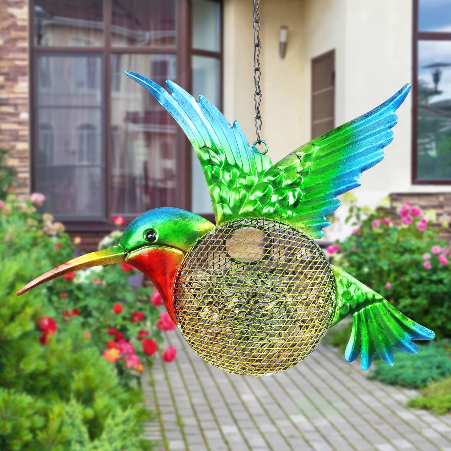 Solar Hanging Metal Mesh Hummingbird Bird Feeder - Thumbnail 4