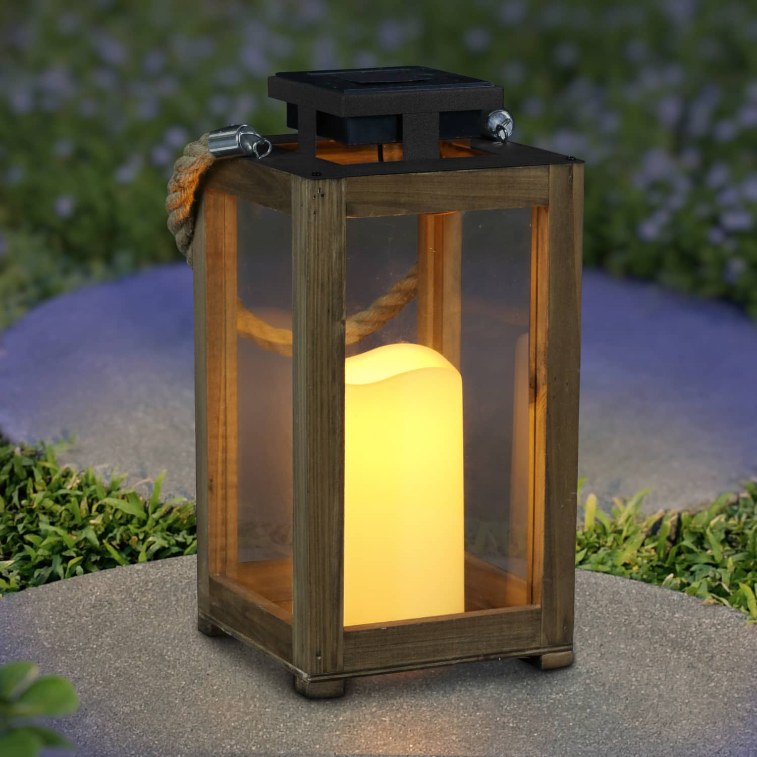 Solar Wood and Glass Lantern w/LED Candle - Thumbnail 4