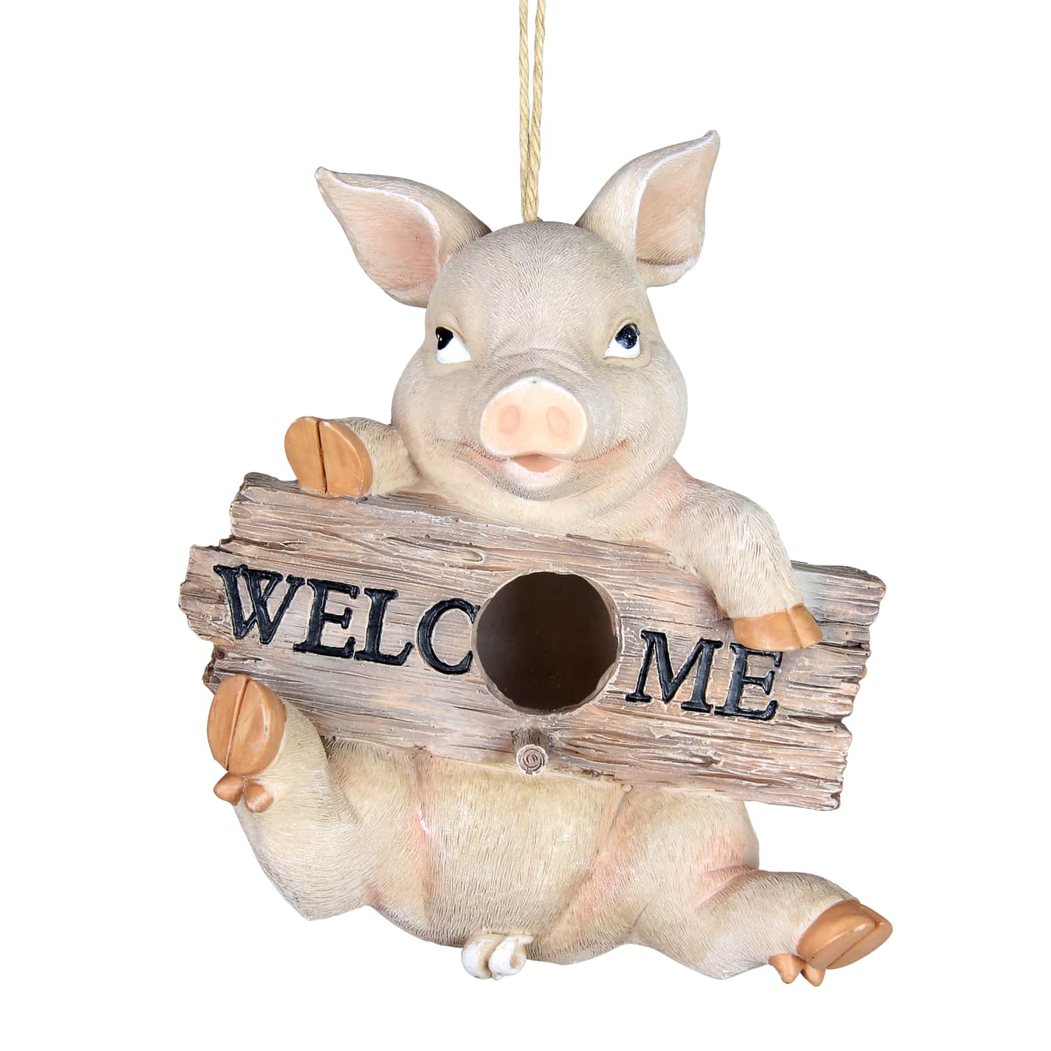 Hand Painted Pig with Welcome Sign Hanging Resin Bird House