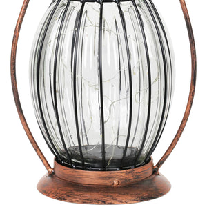 Solar Antique Metal and Clear Glass Accent Lantern with Fifteen LED Fairy Firefly String Lights, 7 by 14 Inches | Exhart