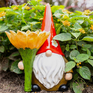 Solar Sunflower Simon Garden Gnome Statue, 12 Inch | Shop Garden Decor by Exhart