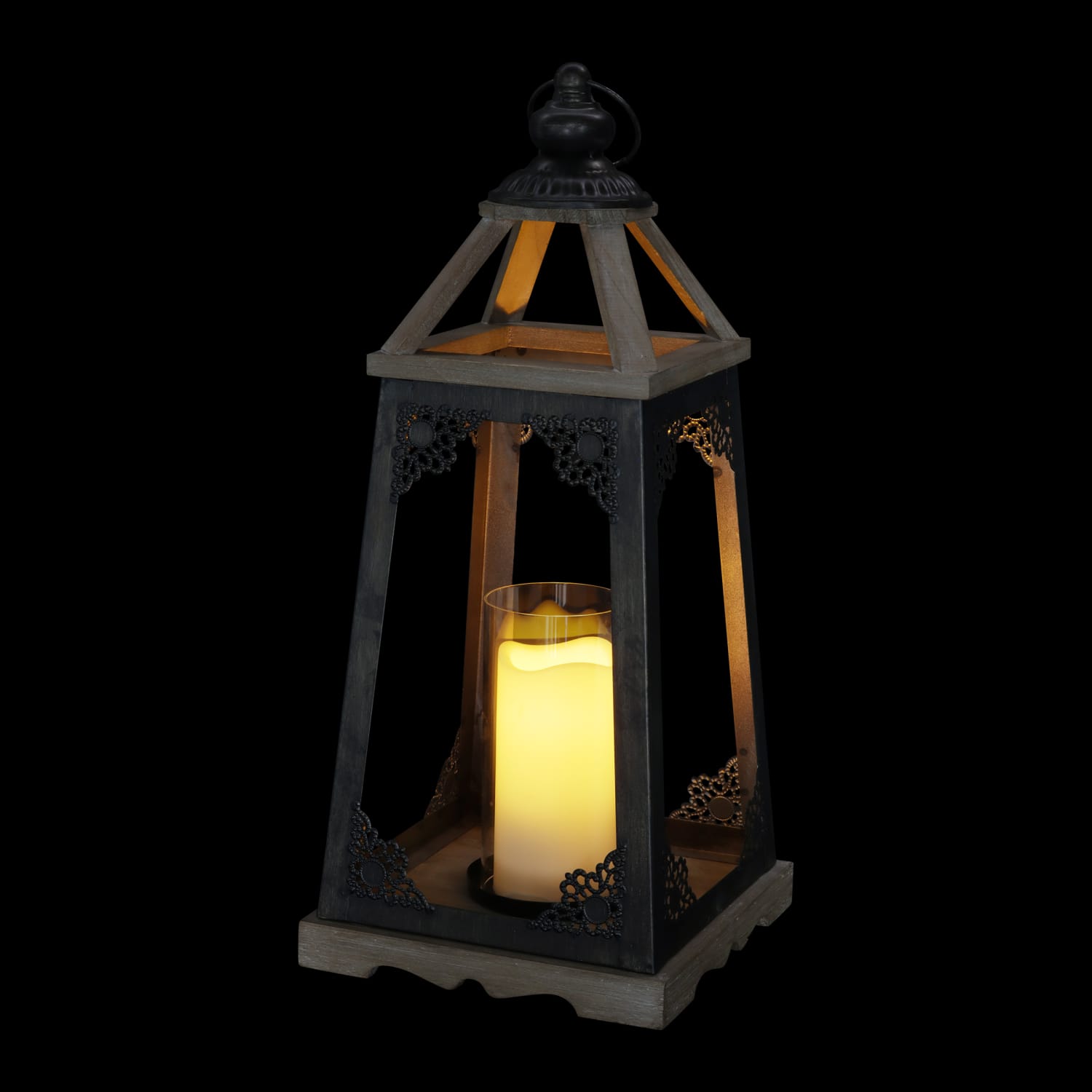 Antiqued Wood and Metal Candle Lantern with LED Candle - Thumbnail 4