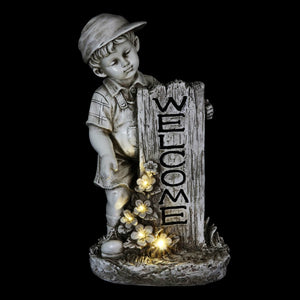 Solar Boy with Welcome Sign Statue in Natural Resin Finish, 17 Inch | Shop Garden Decor by Exhart