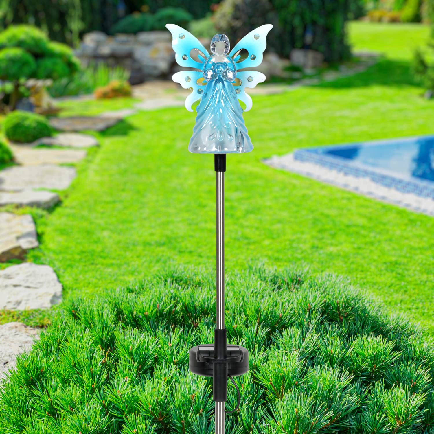 Solar Acrylic Angel with Wings and Twelve LED Lights Metal Garden Stake in Blue, 4 by 34 Inches | Shop Garden Decor by Exhart