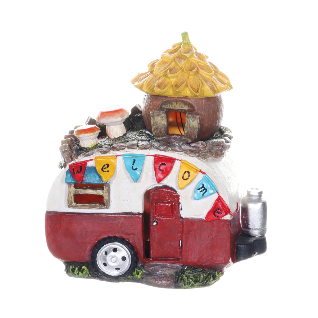 Solar Vintage Trailer with Acorn Fairy House and Welcome Banner, 9 Inch