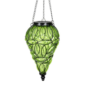 Solar Tear Shaped Glass and Metal Hanging Lantern in Green with 15 Cool White LED Fairy Firefly String Lights, 7 by 24 Inches | Exhart
