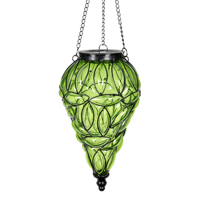 Solar Tear Shaped Glass and Metal Hanging Lantern in Green with 15 Cool White LED Fairy Firefly String Lights, 7 by 24 Inches