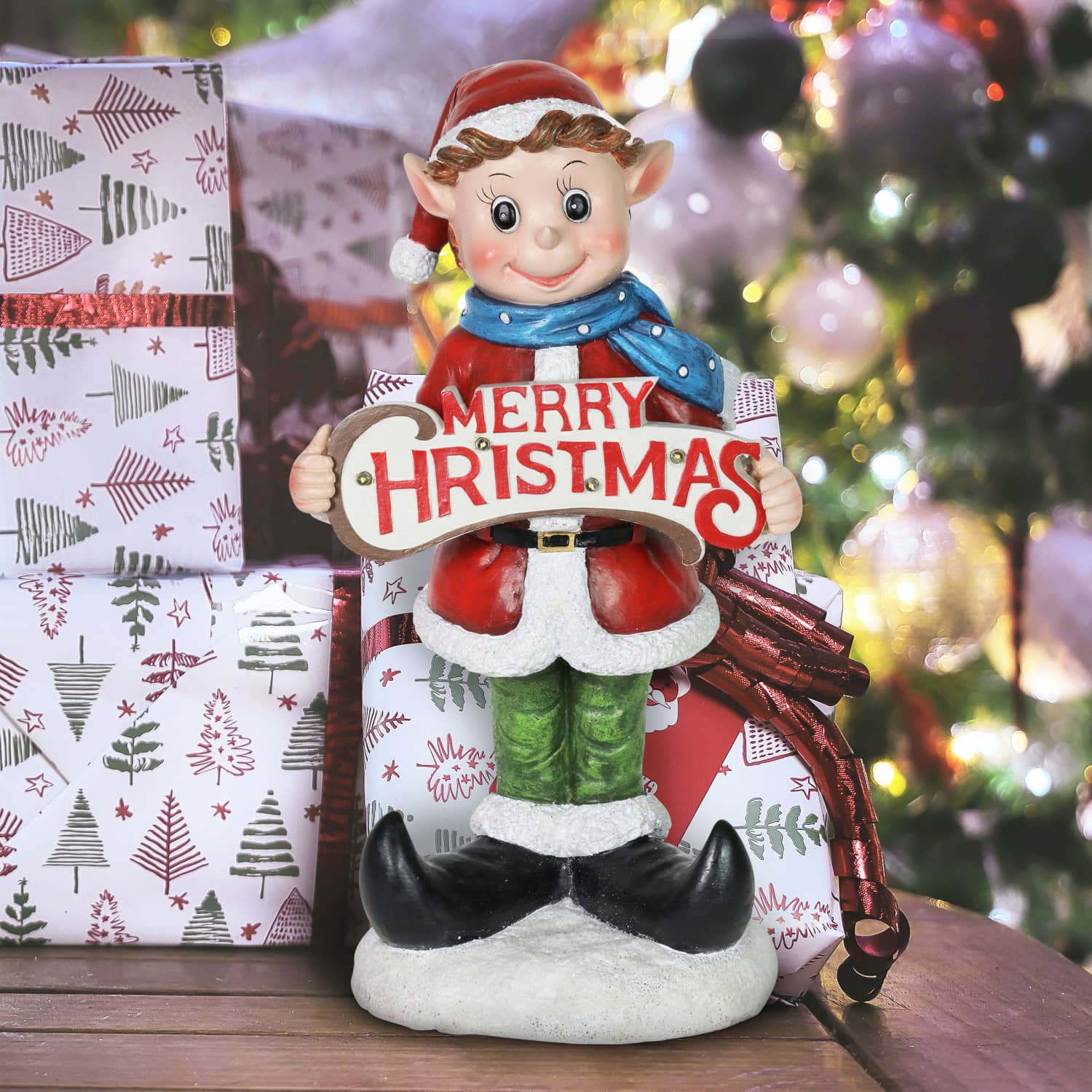 Hand Painted LED Candy Cane Elf Statuary with Merry Christmas Sign - Thumbnail 4