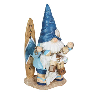 Solar Surfer Beach Hand Painted Garden Gnome Statue with Party Time Surf Board, 7.5 by 12.5 Inches | Exhart